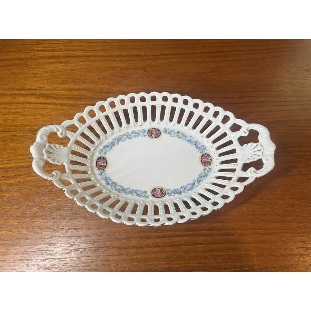 Antique Dresden Franziska Hirsch Bowl Hand Painted Floral Reticulated Basket - Picture 3 of 7